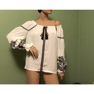 Maje Lioni Ecru Black Embroidered Linen Blend Peasant Blouse/Top Boho NWT $325